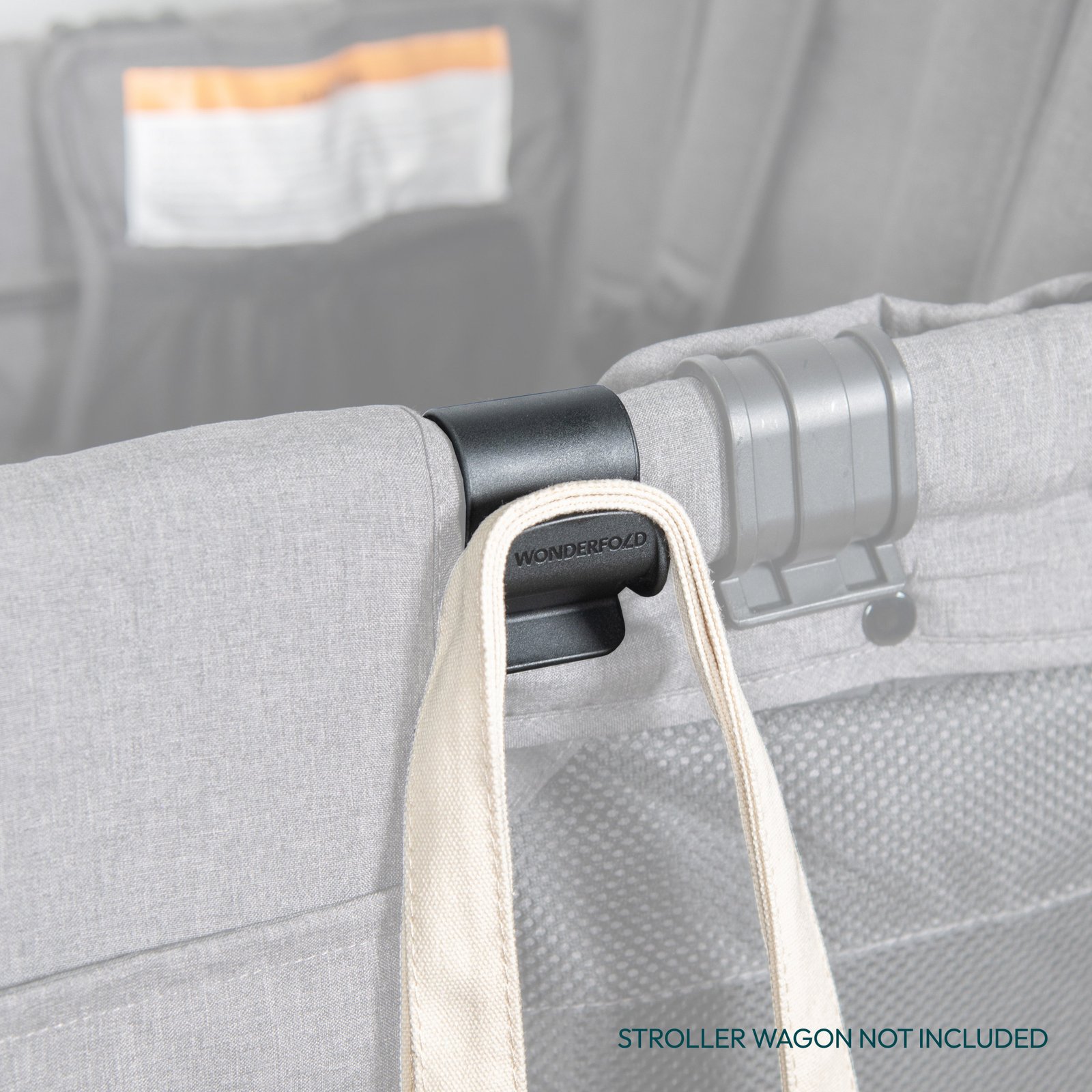 WonderFold Bag Hook attached to the wagon frame holding a tote bag