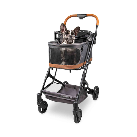 WonderFold P2 Pet Stroller with a French Bulldog inside, designed for easy pet transport.