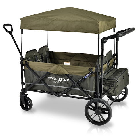 WonderFold collapsible utility wagon with a canopy, ideal for outdoor adventures and storage.