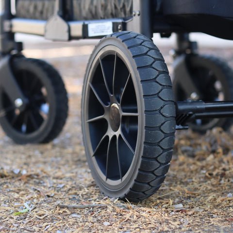 Close-up of an All-Terrain XL wheel on a WonderFold stroller wagon