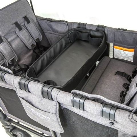 Interior of a WonderFold wagon with a snack tray installed