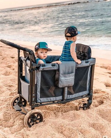 Two toddlers in WonderFold wagon on a sandy beach, looking out at the ocean